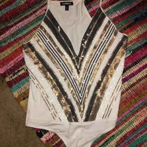 Express Bodysuit White Gold and Black Sequins